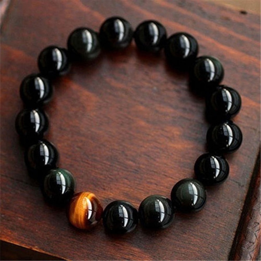 Mens Tiger's Eye Black Agate Bead Stretch Bracelet - Picture 3 of 8